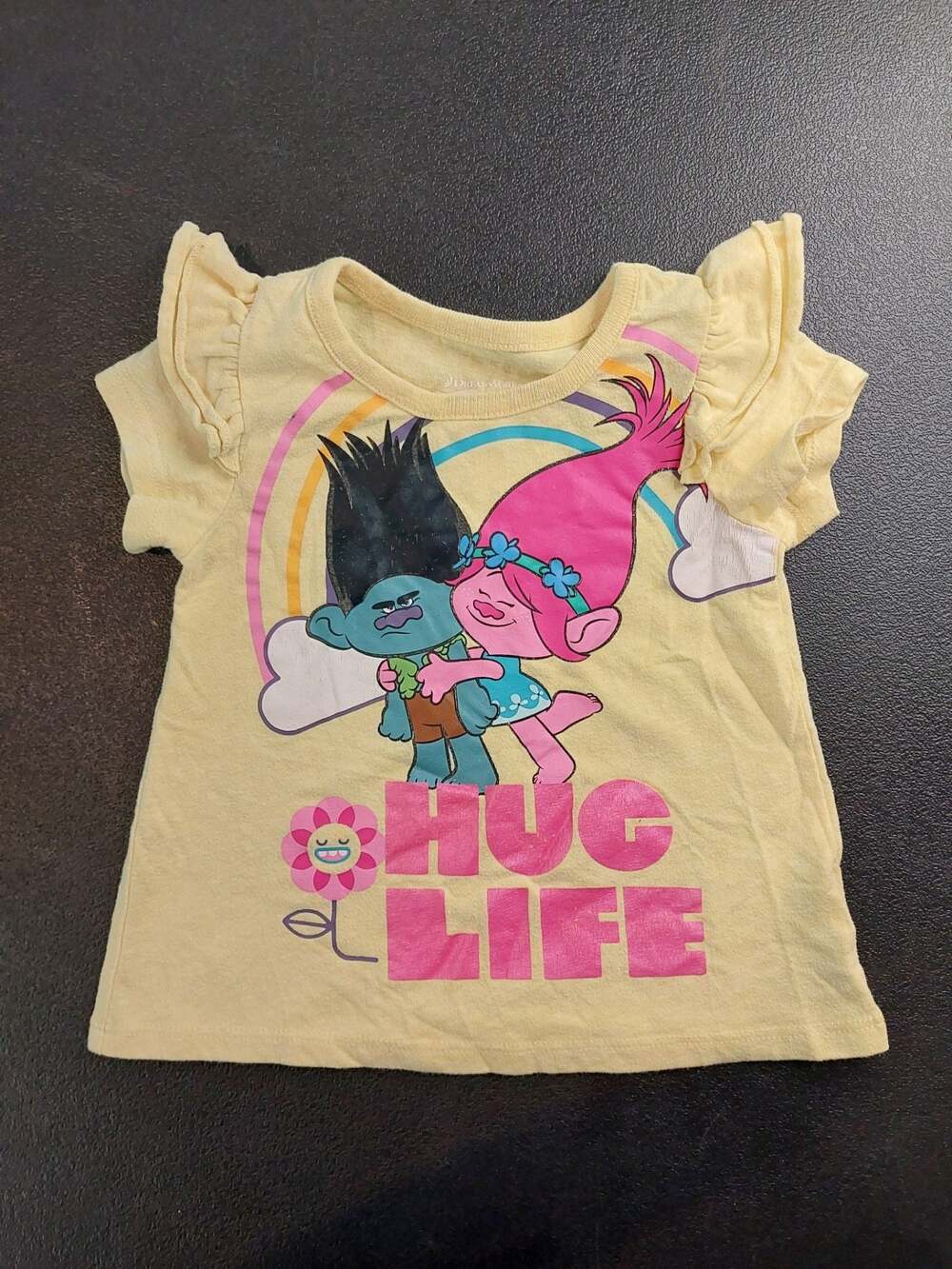 DreamWorks Trolls Poppy and Branch Hug Life Yellow Ruffle Sleeve T-Shirt Size 2T